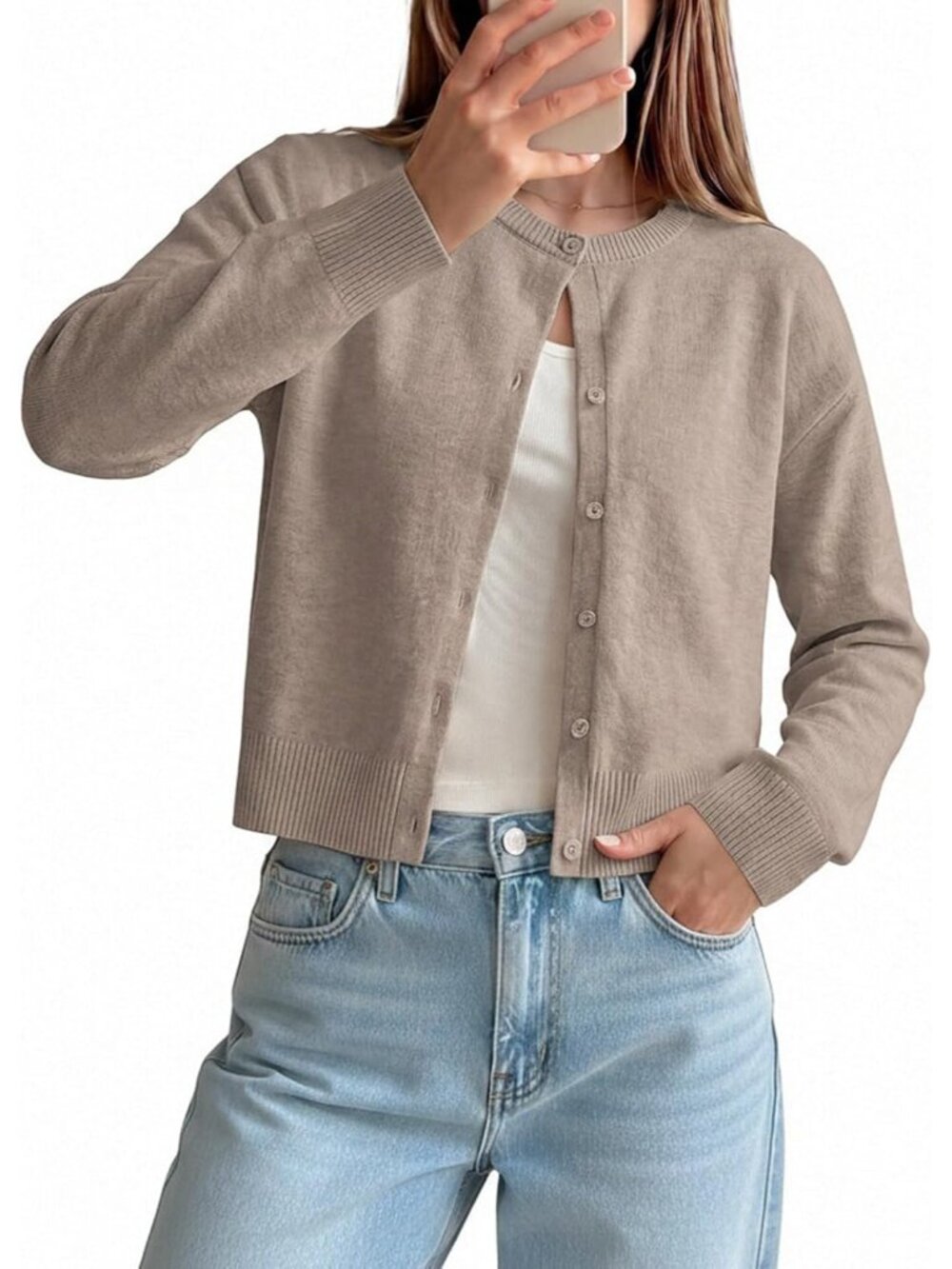 🆕Women's Tan Cropped Knit Cardigan Sweater Crew Neck Button Front Jacket